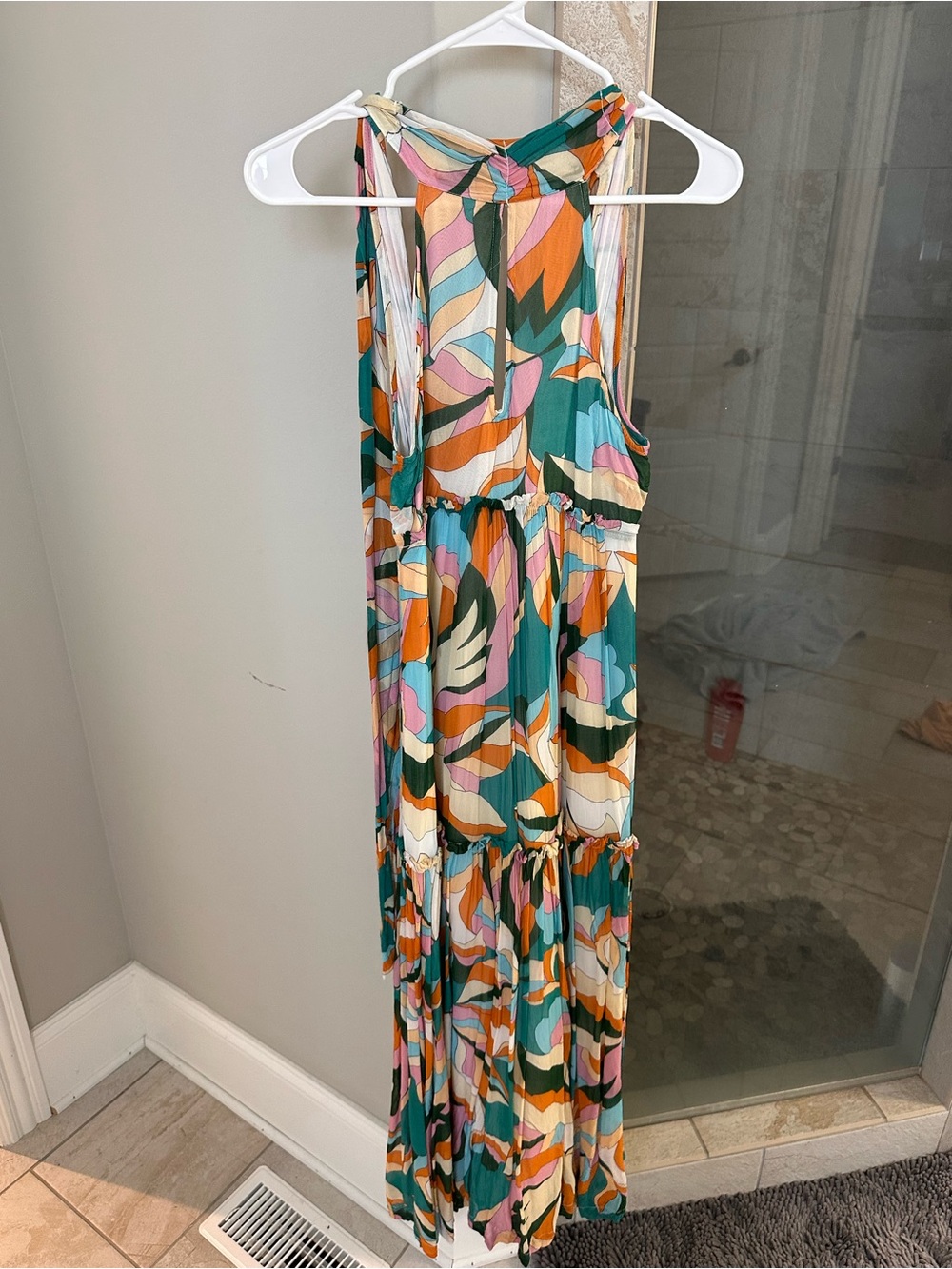 Maeve Multicolor Abstract Print Maxi Dress — Teal, Pink, Orange, Cream